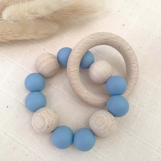 Blue Beechwood and Silicone Teething Ring – Safe and Sensory Toy for Baby