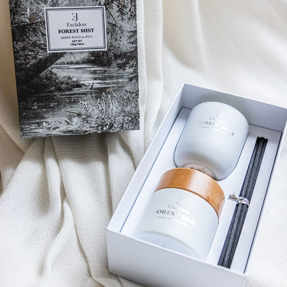 Gift set Forest Mist Amber Wood &amp; Spice Fragrance Sticks &amp; Scented Candle
