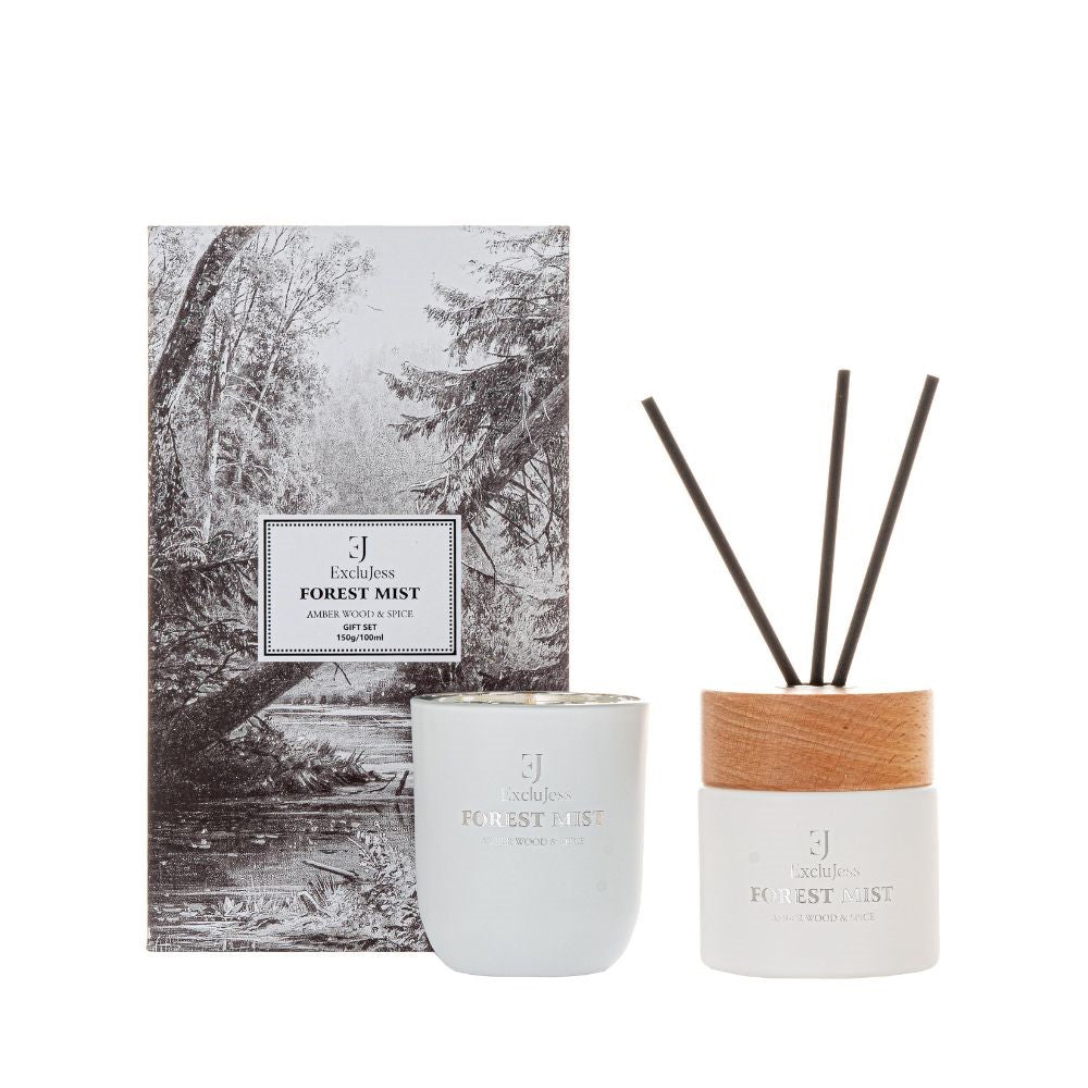 Gift set Forest Mist Amber Wood &amp; Spice Fragrance Sticks &amp; Scented Candle