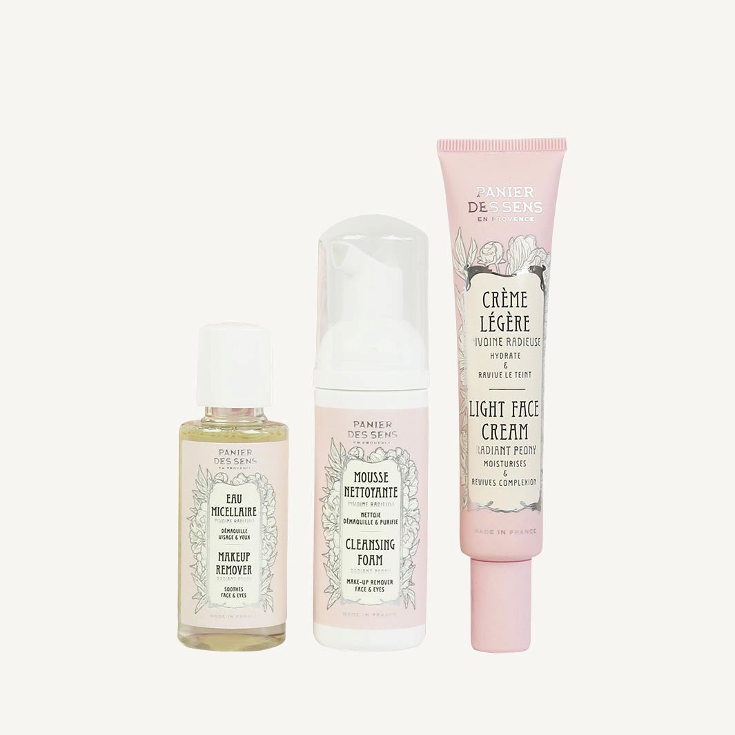Toiletry bag with micellar water, cleansing mousse and light day cream