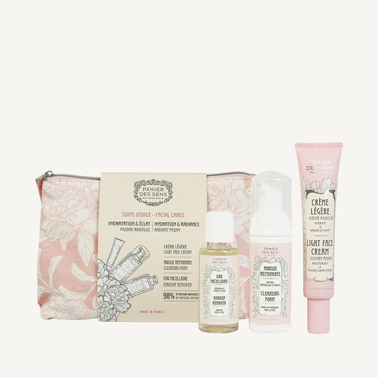 Toiletry bag with micellar water, cleansing mousse and light day cream